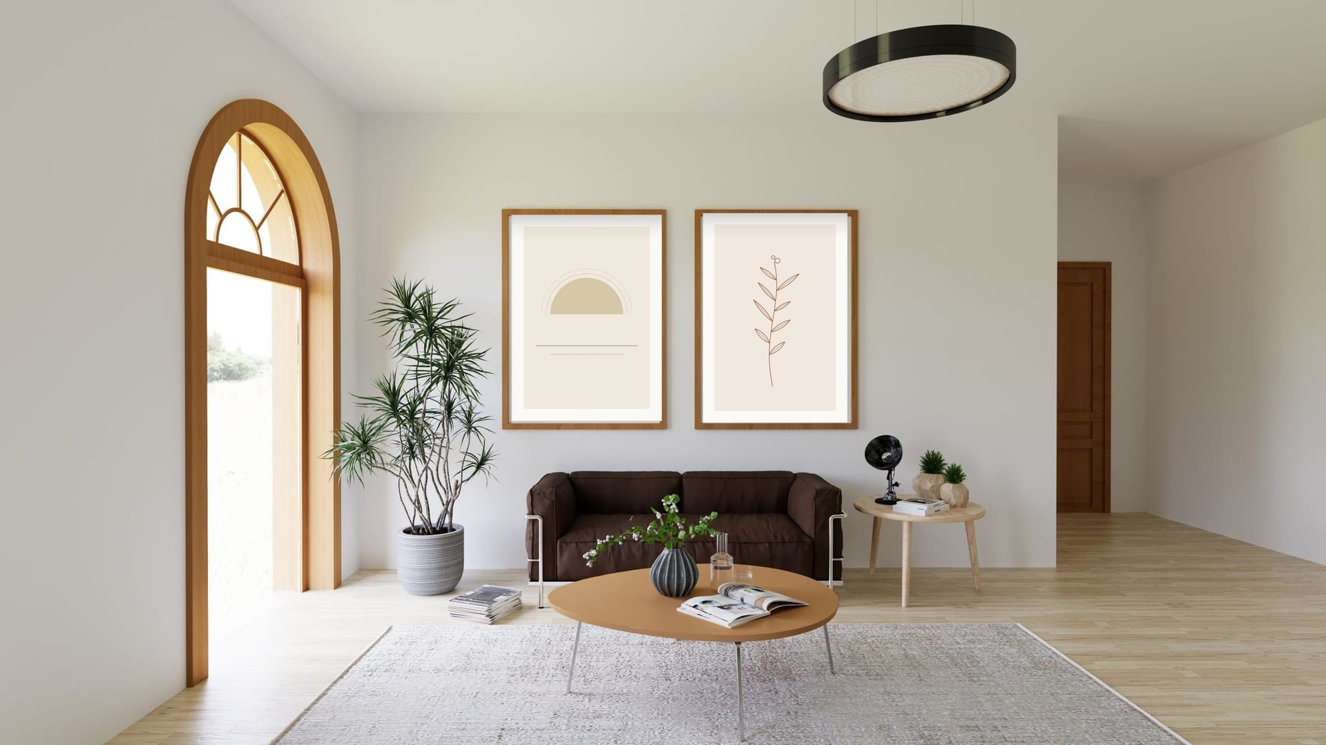 Woonkamer met een volledige posterwand in zandtinten
