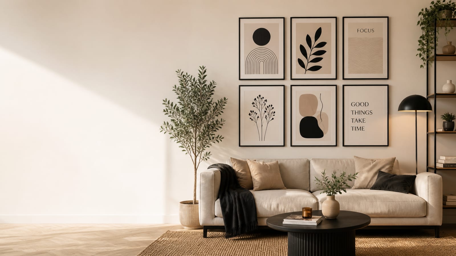 Posterwand met ingelijste posters boven een bank